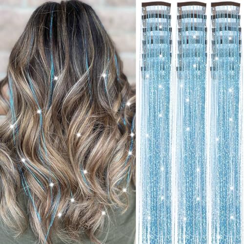 18 Pcs Hair Tinsel Clip in, 20.5 Inch Glitter Tinsel Hair Extensions, Shiny Sparkling Fairy Hair Tinsel Clips, Dazzling Party Hair Accessories for Girls Women Kids (Sky blue) by Nielp