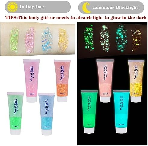 MEICOLY Neon Pink Body Glitter Gel,UV Blacklight Chunky Face Glitter Gel,Glow in The Dark Hair Glitter,Concert Music Festival Party Rave Accessories,Pink Halloween Glitter Makeup for Women - Image 7
