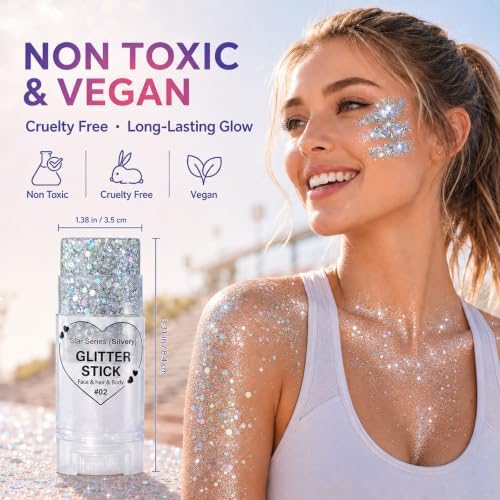Go Ho Silver Glitter Stick, Sparkly Hair Face Body Shimmer for Women Kids - Image 5