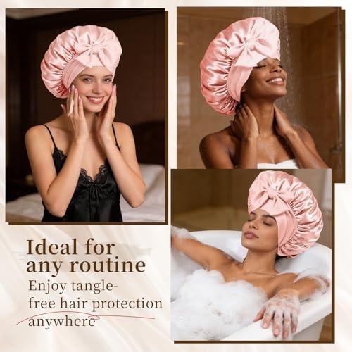 Silk Bonnet for Women, Satin Bonnet for Sleeping, Large Sleep Cap with Elastic Tie Band for Curly Hair, Blush Pink - Image 5