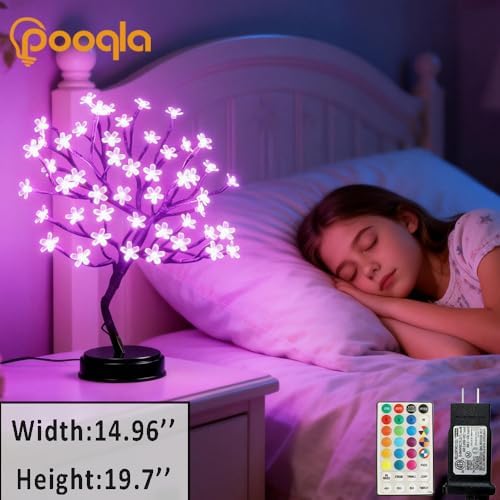 Pooqla 18 Inch 48 LED RGB Cherry Blossom Tree Light with Remote 16 Color-Changing LED Artificial Flower Bonsai Tree Table Top Lamp Home Lit Tree Centerpieces Christmas Decor - Image 3