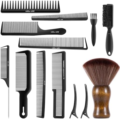 SALONSILK 13PCS Hair Cutting Shaving Brush and Comb Set, Professional Barber Combs for Hair Stylist, Premium Grade Barber Brush Neck Duster, Fading Comb Barber Clipper Comb by SalonSilk