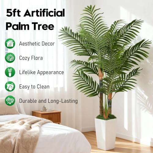 5ft Artificial Palm Tree Indoor Plant，Triple Faux Tropical Areca Floor Plant in Pot，Artificial Plants with Lifelike Leaves for Home Office Decor - Image 2
