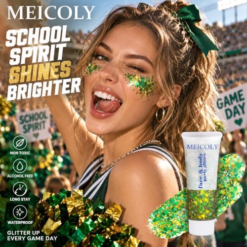 MEICOLY Gold Green Face Glitter Gel,Green and Yellow Hair Glitter Makeup for Halloween Mardi Gras Carnival Irish Festival Party,Cheer Glitter Spirit Day Body Glitter Accessories for Women - Image 2