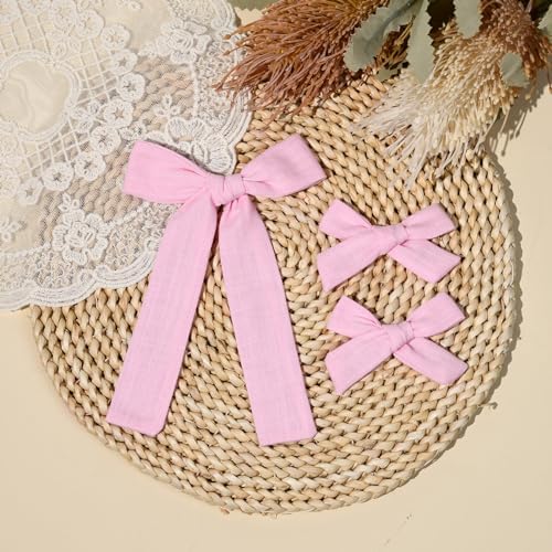 DEEKA Light Pink Cotton Linen Hair Bows 2 Sizes 5"&3.5" Soft Hair Bow set for Toddler Girls Long Ponytail Knot Bows Alligator Clip Hair Accessories for Little School Girls (Light Pink) - Image 7