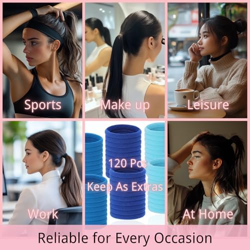LuSeren 120 Pcs Blue Hair Ties for Women, No Damage Soft Seamless Nylon Hair Elastics for Thick Hair, Ponytail Holders, 3 Gradient Blue Hair Accessories - Image 6