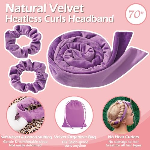 Heatless Curls Overnight Headband, 70'' No Heat Hair Curlers for Medium Long Hair, Purple - Image 5