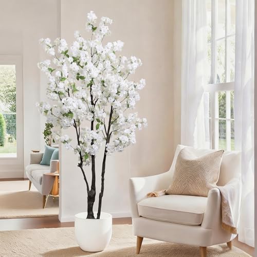 Artificial White Cherry Blossom Tree 6ft(72in) Faux Plant for Indoor Decor - Image 3