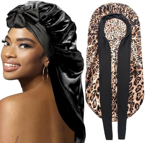 2Pcs Bonnets for Black Women Braid Bonnet, Large Long Satin Bonnet for Braids, Silk Bonnet with Stretchy Tie Band Sleep Cap Hair (2Pcs-Black&Leopard) by WOZUTUNT