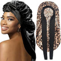 2Pcs Bonnets for Black Women Braid Bonnet, Large Long Satin Bonnet for Braids, Silk Bonnet with Stretchy Tie Band Sleep Cap Hair (2Pcs-Black&Leopard) by WOZUTUNT