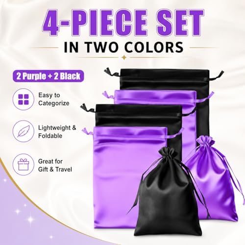 4-Pack Satin Wig Bags with Drawstrings, Purple & Black Storage Pouches Silk Hair Storage Bags for Multiple Wigs, Hair Extensions, Weave Bundles, and Braids, Gift & Travel Bag Storage Sacks - Image 5