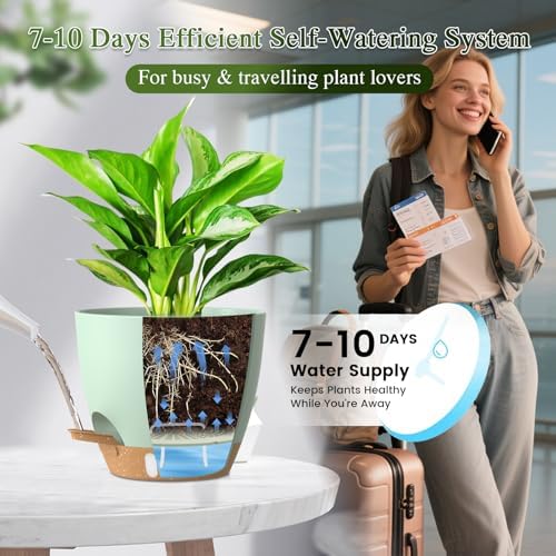 Self Watering Pots with Drainage Holes, 2 Pack 8 Inch Plant Pots with Water Level Indicator Deep Reservoir, Large Plastic Planter for Indoor Outdoor Plants - Green Brown - Image 4