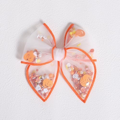 4" Halloween Shaker Bows Hair Clips for Girls Kids Orange Mesh Tulle Fable Hair Bow Ghost Pumpkin Alligator Hairpins Women Teen Toddler Dress Costume Decor Accessory 2pc Gift Set - Image 6