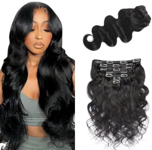#1B Black Body Wave Clip ins Human Hair Extensions,14 Inch Soft and Real Human Hair 120g/7Pcs,Brazilian Remy Silky Natural Black Clip in Hair Extensions by Unknown