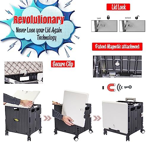 dbest Products Quik Cart Swing Lid Four Swivel Wheeled Rolling Crate Teacher Utility with seat Heavy Duty Collapsible Basket with Dual Telescopic Wagon Handle - Image 3