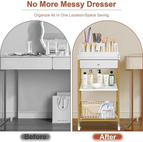 Makeup Organizer Cart, Rolling Vanity Storage, Gold and White - Image 6