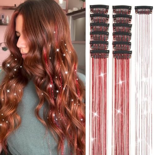 Red Hair Tinsel 12Pcs Clip in Hair Tinsel Kit 20.5 Inch Fairy Hair Tinsel Kit Heat Resistant Hair Accessories Glitter Hair Extensions for Christmas Halloween Cosplay Party by Ubeleco