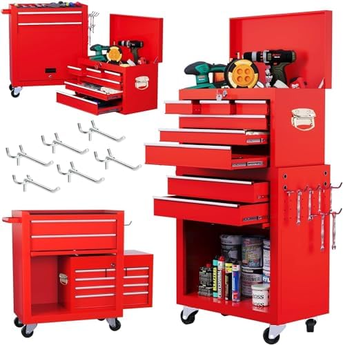 Dawmilon 8-Drawer Rolling Tool Chest, 2-in-1 Tool Box Organizer with Lockable Wheels, Sliding Drawers, and Detachable Top, Garage Workshop Tool Storage Cabinet, Red by Dawmilon