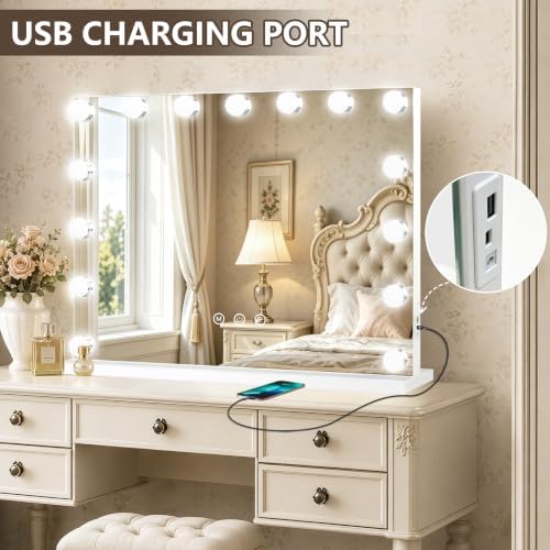 Ratsamee Hollywood Vanity Mirror with Lights, 23" x 18", 15 Dimmable Bulbs, 3 Color Lights, Make Up Lighted Mirror, USB Charging Port, Gifts for Women Wife Teengirls White - Image 5