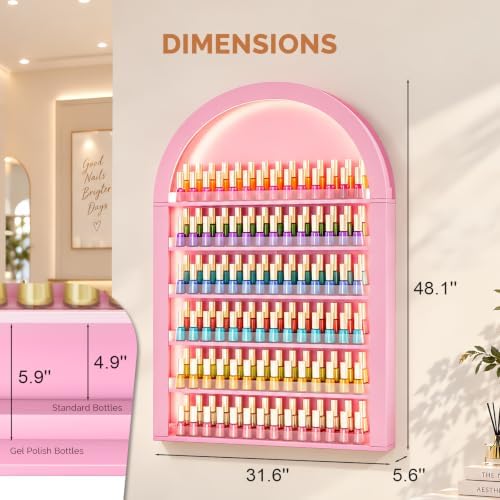 OmySalon Nail Polish & Gel Powder Rack With Led Lighting, Pink Wall Shelf - Image 4