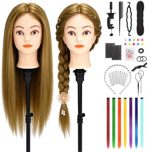 26"-28" Mannequin Head with 80% Real Hair – Cosmetology Training Head for Hair Braiding, Styling & Makeup Practice – Doll Head with Clamp by Twowin