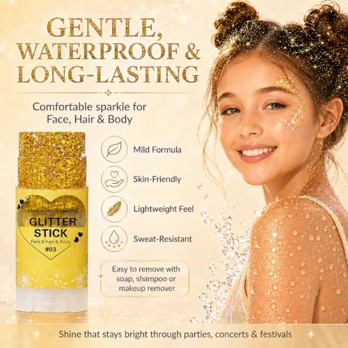 Gold Hair Glitter Stick, Yellow Face Body Glitter Makeup for Women, School Spirit Week Game Day Cheer Football Accessories, Chunky Sequins for Halloween Singer Concert Rave Festival Mardi Gras - Image 3