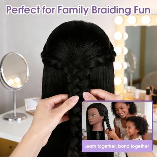 Mannequin Head with 80% Real Hair, 26" Styling Training Head Cosmetology Mannequin Head, Practice Training Doll Head with Clamp Holder and Tools (Black) - Image 3