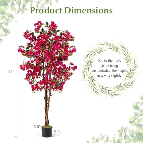 Goplus 6 FT Bougainvillea Artificial Tree, 2 Pack Faux Flower Tree in Pot with 910 Flowers, 105 Leaves, Real Wood Trunk, Tall Fake Floor Plant, Artificial Plants for Indoor Bedroom Living Room Decor - Image 7