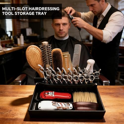 Barber Station Tray for Scissors Holder & Clippers Organizer, Barber Accessories Storage Station for Combs/Hair Clip/Trimmers, Barber Salon Home Desktop Tool Organizer(Small 11.9" x 8.8" x 4.4") - Image 3