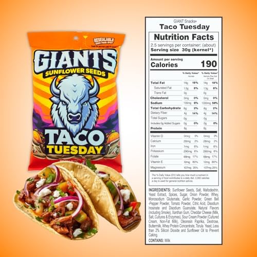GIANTS Taco Tuesday Sunflower Seeds - Sunflower Seeds to Eat, High Protein Snack, Zesty Taco Seasoning, Source of Vitamin E & Fiber Content - 5 oz Resealable Bags (Bulk Pack of 12) - Image 2