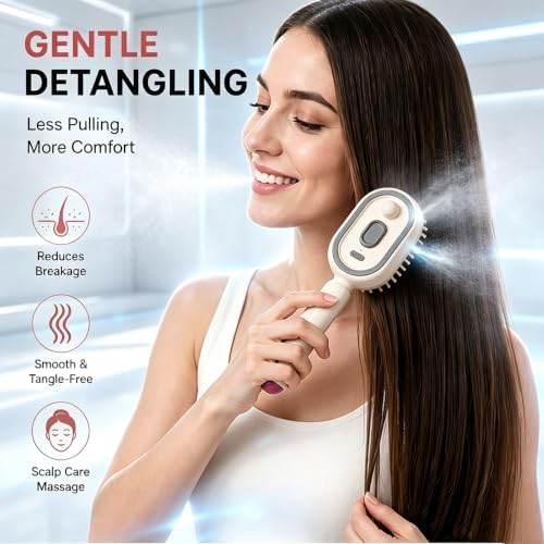 New 5‑in‑1 Electric Mist Air Cushion Massage Hair Brush, Self‑Cleaning Anti‑Tangle Hair Care Comb, Shine Boost for Dry & Frizzy Hair, Ideal for Ladies (Purple) - Image 2