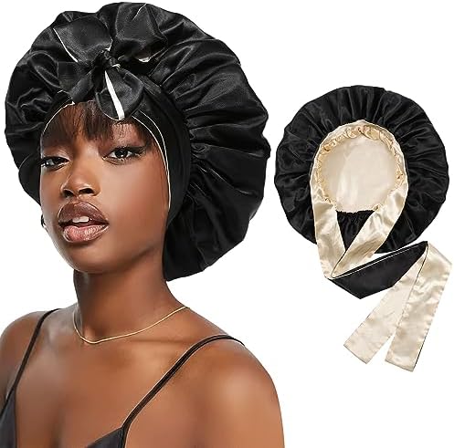 CHLINS Satin Bonnet Silk Sleep Cap Hair Bonnets for Women Stretchy Tie Band Hair Cap for Curly Hair Silk Hair Wrap(Champagne+Black) by CHLINS