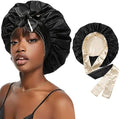 CHLINS Satin Bonnet Silk Sleep Cap Hair Bonnets for Women Stretchy Tie Band Hair Cap for Curly Hair Silk Hair Wrap(Champagne+Black) by CHLINS