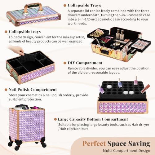AROUS 5 in 1 Rolling Makeup Train Case with Lid Cosmetology Case on Wheels - Image 6