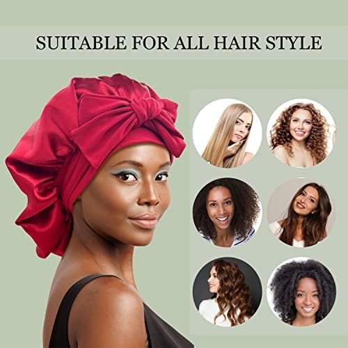 Satin Bonnet Silk Hair Bonnet for Sleeping Large Bonnets with Tie Band Wrap with Adjustable Straps Cap Night Sleep Caps for Women Curly Braid Hair Wine Red - Image 4