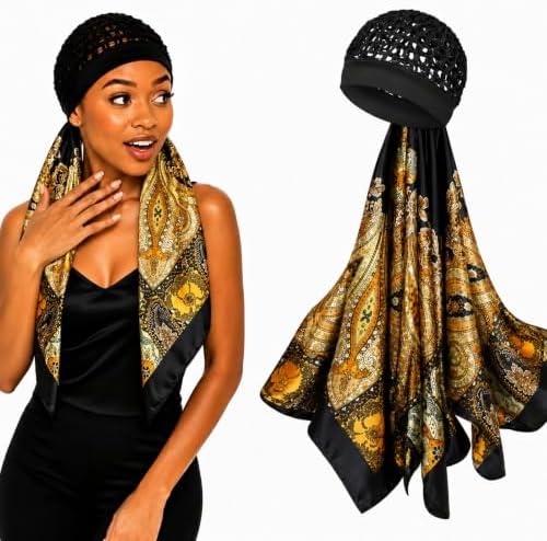 2 in 1 Wrap Cap Hair Net and Scarf for Silk Press, Satin Wrap Cap Bonnet for Women, Adjustable Stay-On Sleep Hair Net Scarf for All Hair Types by BQSAR