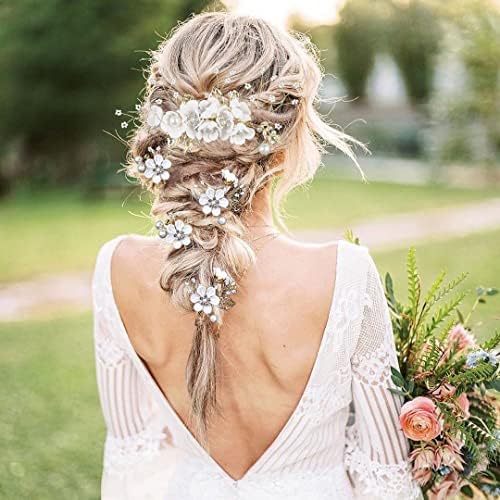 5 PCS Bridal Flower Wedding Hair Pins Crystal Pearl Hair Clips Headpiece Gold Wedding Hair Accessories Jewelry with Rhinestone for Brides Bridesmaids Women Girls Updo (Pure White Flower) - Image 2