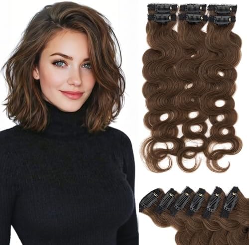 Rich Choices Clip In Hair Extension Real Human Hair-Wave/Curly 6 Pcs Single Clip Hairs Extension for Women-Invisible Mini Clips in Hairpieces for Thin Hairs-14 Inch #4 Medium Brown by RichChoices