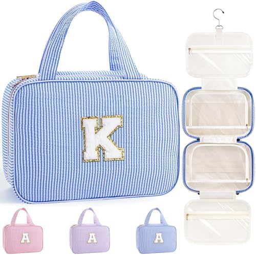 TOPEAST Travel Hanging Toiletry Bag, Personalized Initial Toiletry Pouch, Birthday Gifts for Women Mom Daughter Sister Friends, Cruise Essentials, Blue K by TOPEAST