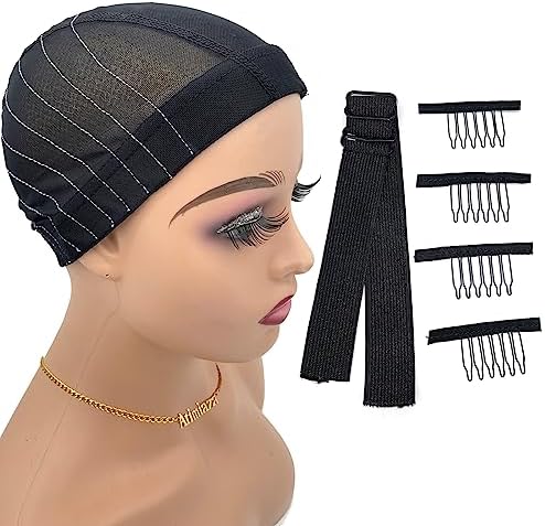 Wig Cap with Guideline Map for Wig Making, Stretchable Mesh Dome Caps with 1 Elastic Band and 4 Wig Combs for Beginners Sewing Wig (Medium: 21"-22", 5 * 5 Closure) by Atimiaza