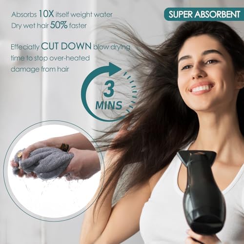 Microfiber Hair Drying Towels for Women 2 Pack w/ Secured Button,Grey+Pink - Image 5