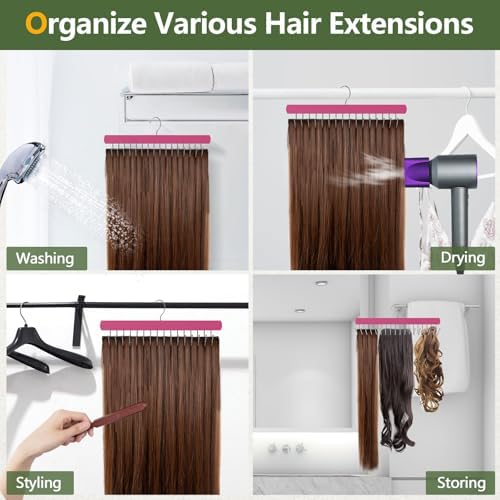 2PACK Hair Extension Holder with 16 Hooks, Hair Extension Hanger for Holding Extra Wide Weft/Styling/Air-Drying/Coloring, Braiding Hair Rack for Barber Shop/Home, 2PACK - PINK - Image 3