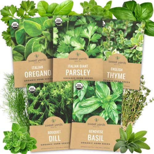 Organic Herb Seeds Variety Pack - 5 Individual Packs - 2026 Season - Basil, Oregano, Dill, Thyme & Parsley. for Indoor & Outdoor Planting (Non-GMO, Certified Organic) by SweetYards