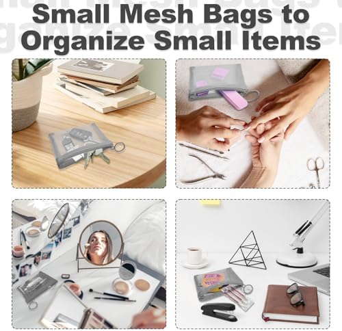 Mini Mesh Pouches (4 Pack), Small Mesh Bags with Zipper Nylon Makeup Pouches Bag Cosmetic Pouch Travel Purse Organizer Insert Diaper Inside Bag Organizers Home Organizing Size See Through Cute Gray - Image 3