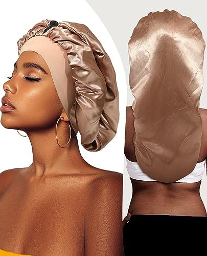 AWAYTR 2-Layer Satin Bonnet for Braids, Wide Band Long Sleep Cap Champagne - Image 3