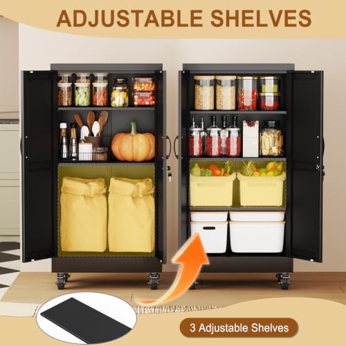 47" Metal Garage Storage Locker Cabinet with Wheels,Rolling Black Lockable Tool Cabinet with 2 Doors and 3 Adjustable Shelves, Steel File Cabinet for Home Office Warehouse Gym - Image 4