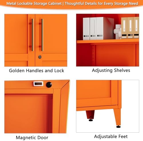 Metal Storage Cabinet with Lock,Orange Steel Tool Cabinet with 3 Adjustable Shelves,61 Tall Freestanding Heavy Duty Garage Locker for Home Office Kitchen 61" H X 27.6" W X 13.8" D - Image 4