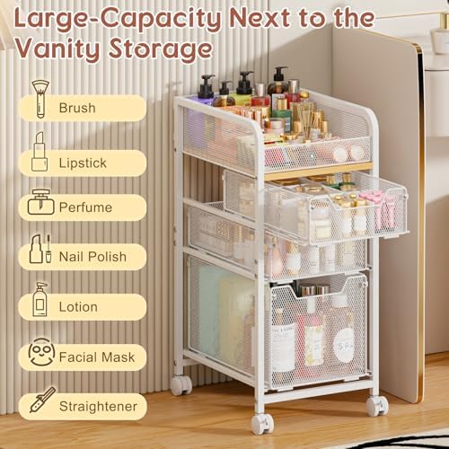 Hongtamoya Rolling Makeup Cart Organizer with 3 Drawers, Narrow Floor Skincare Organizers, Vanity Organizer Cosmetics Display Cases Holder for Skin Care Nail Polish Perfume Makeup Brush, White - Image 5