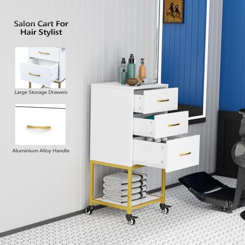 OmySalon Salon Storage Trolley Cart, White Gold Salon Station for Stylist, Beauty Wooden Hair Cabinet with Dryer Holder & Drawer, Hairdressing Tools Organizer Equipment for Spa Barbershop - Image 5