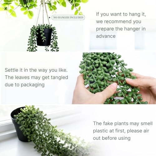 Artificial Hanging Plants for Shelf, 2-Pack Fake Potted Greenery Faux String of Pearls in Black Pot, Décor for Office Living Room Bathroom Indoor Outdoor - Image 4